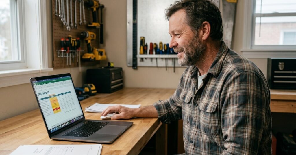 A man sits at a computer looking at a paid invoice.