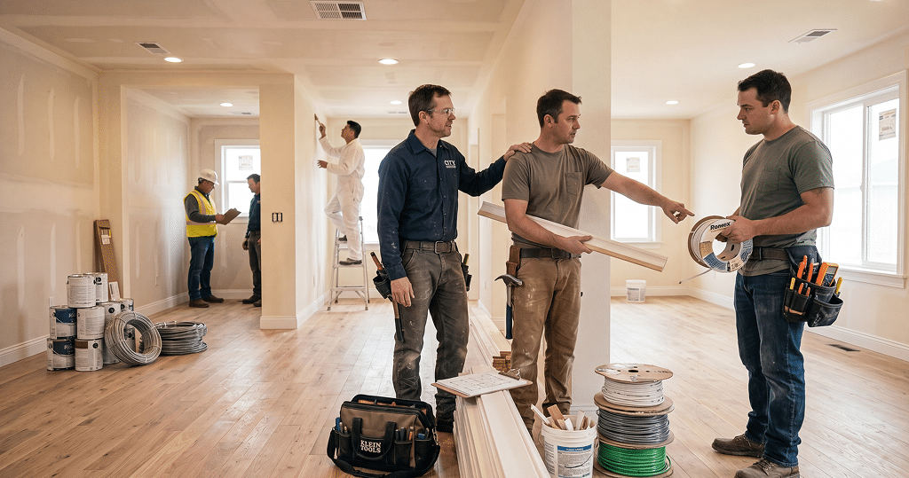 A contracting crew works together on a home.