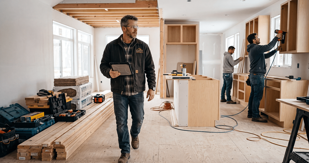 A contractor walks around a jobsite to check on progress.