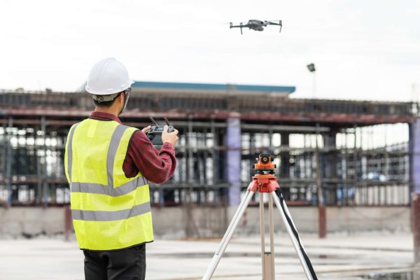 construction contractor photographing job site using drone