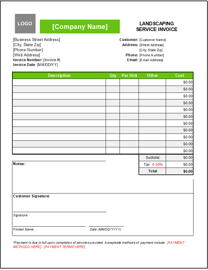 landscaping invoice template for services with detailed descriptions