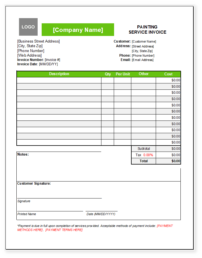 Painting Invoice Template for Paint Jobs