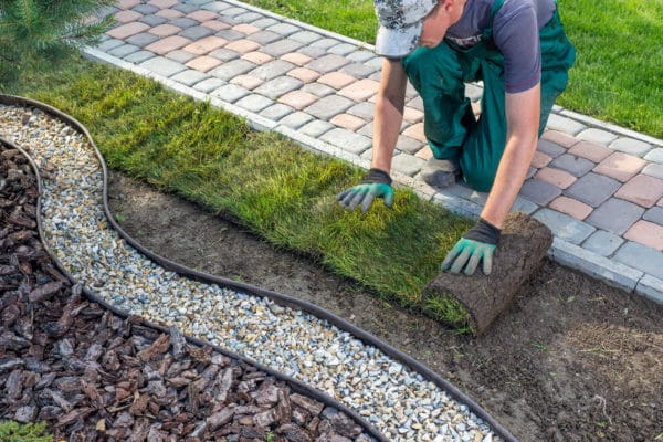 image of landscaping contractor rolling out sod
