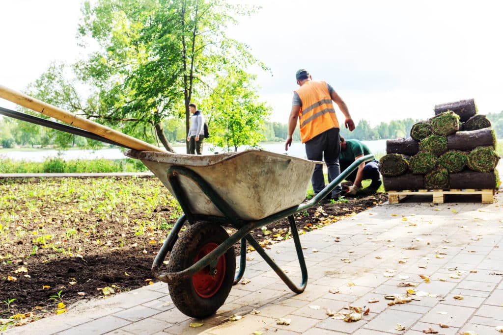 landscaping contractor and wheel barrow