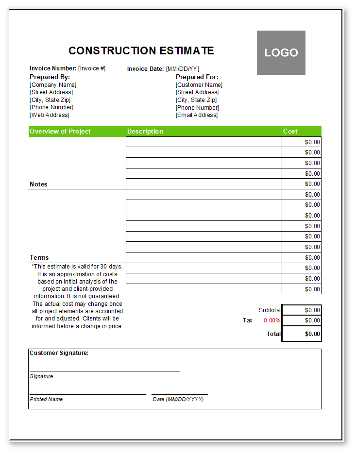 construction contractor estimate template from  excel