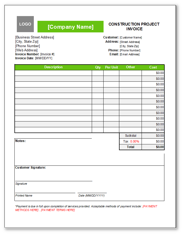 Construction invoice template from Joist