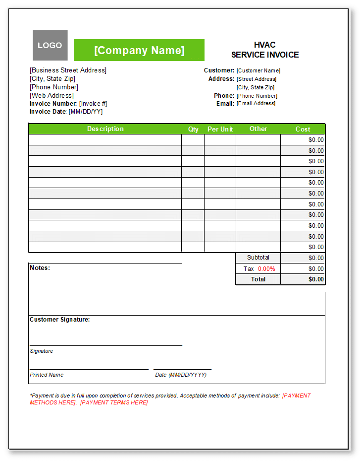 image of HVAC invoice template