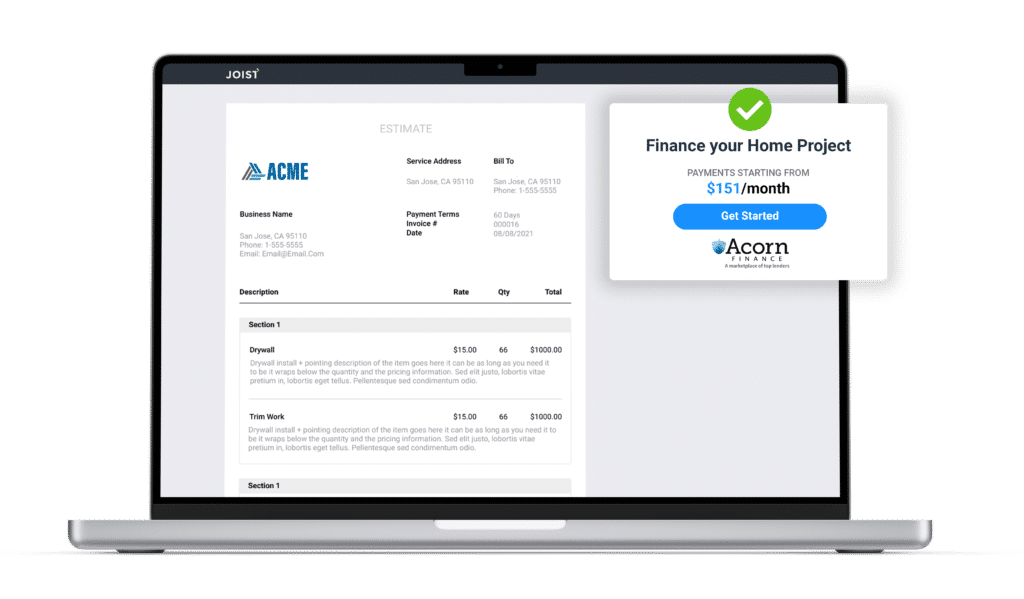 joist & acorn financing integration