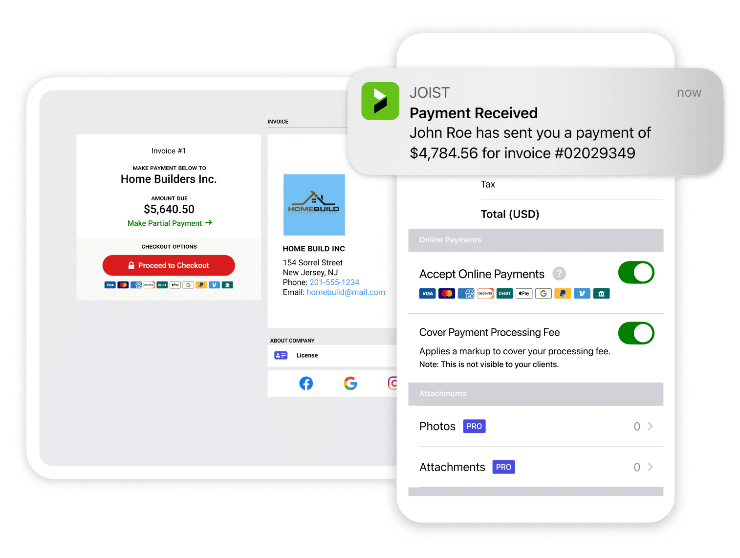 joist payments screenshots in device mockups