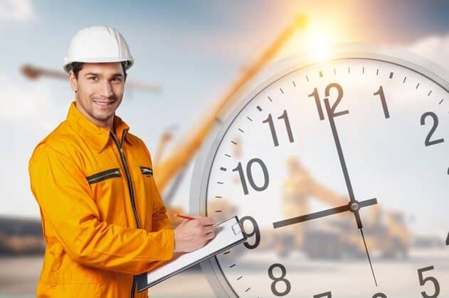 worker with clock showing time and a half