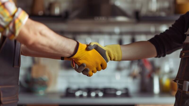 male handyman shaking hands with happy female client