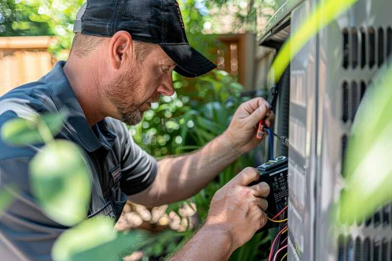Man repairing an air conditioner on a residential building
