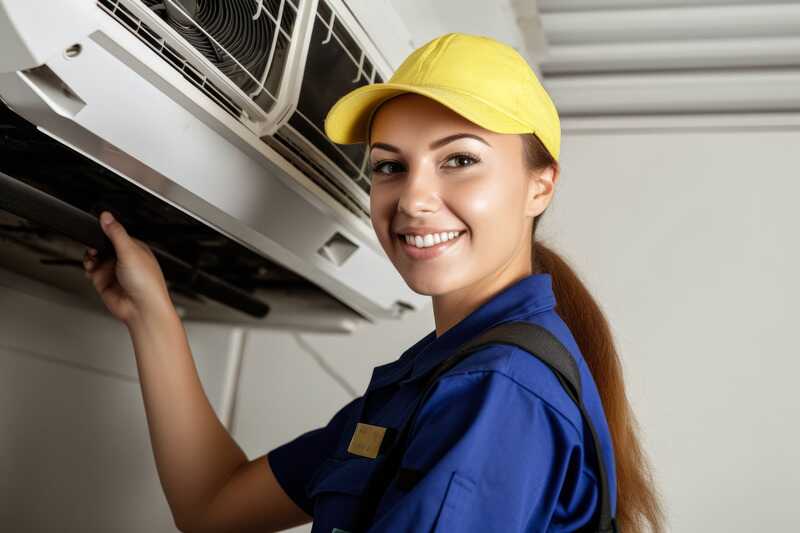 Young woman technician working on air conditioning indoor unit