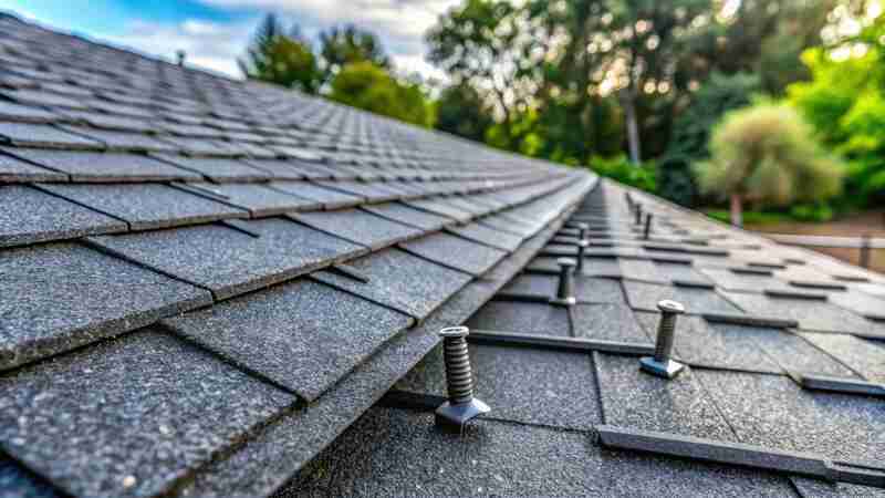 Newly installed dark gray asphalt shingles on a residential roof,