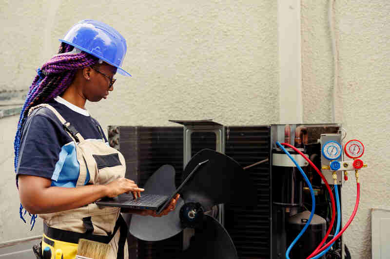 Precise serviceman doing air conditioner inspection hvac business