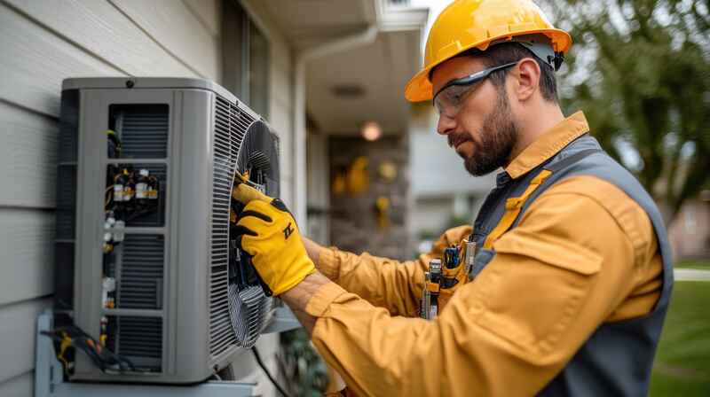 Technician in uniform and safety gloves hvac worker