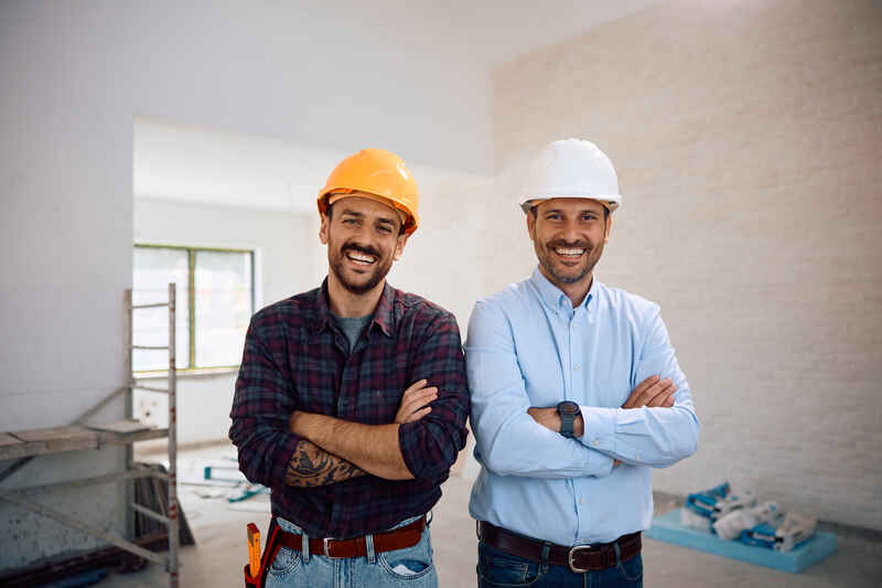 building contractor and worker at construction site