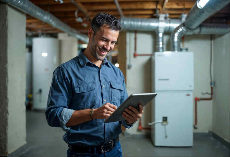plumber using a tablet learning marketing strategies