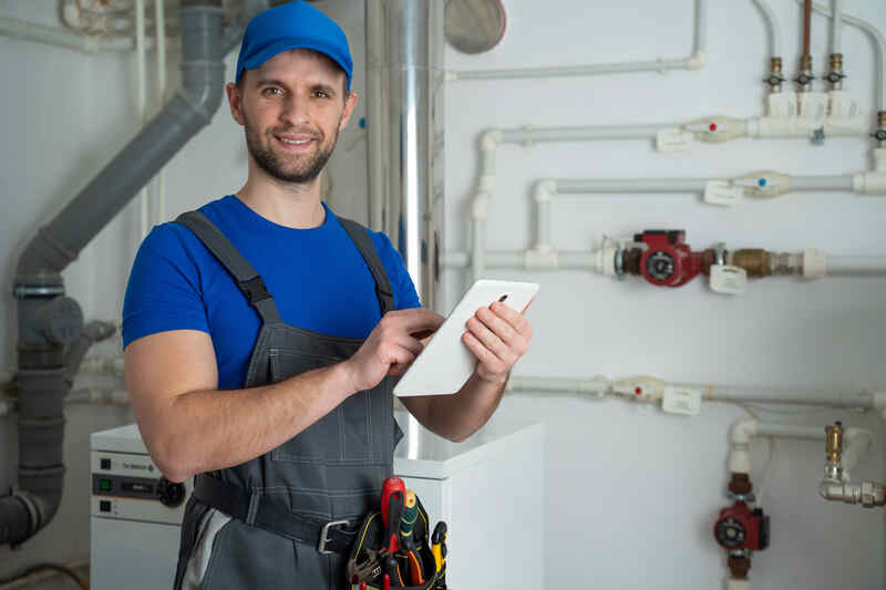 plumber using a tablet looking at the camera