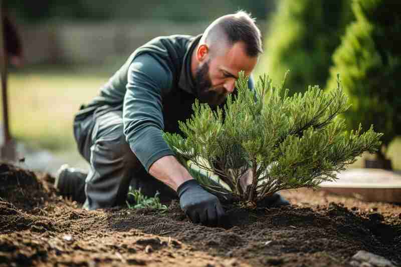 A professional landscaper planting trees in the garden