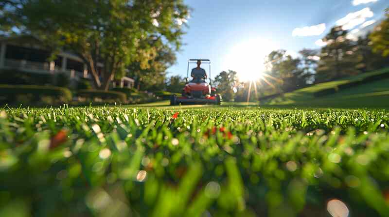 A wide-angle shot of a professional landscaper using a commercial lawnmower