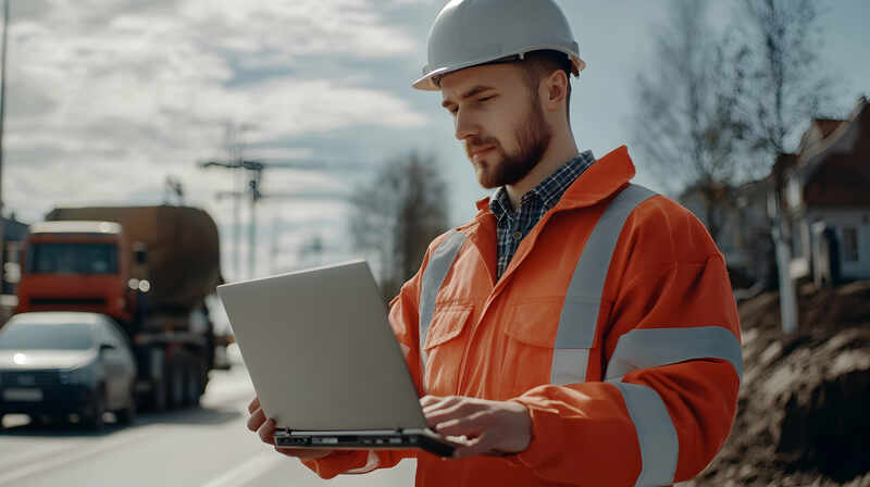 Construction worker with laptop