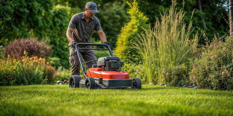 Professional landscaper mowing grass with lawn mower in garden