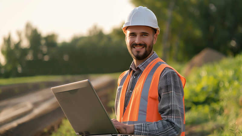 Smiling construction worker in safety vest and hard hat using laptop outdoors