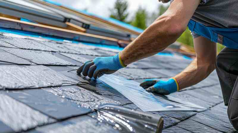 A construction worker installs slate roof tiles on a new home
