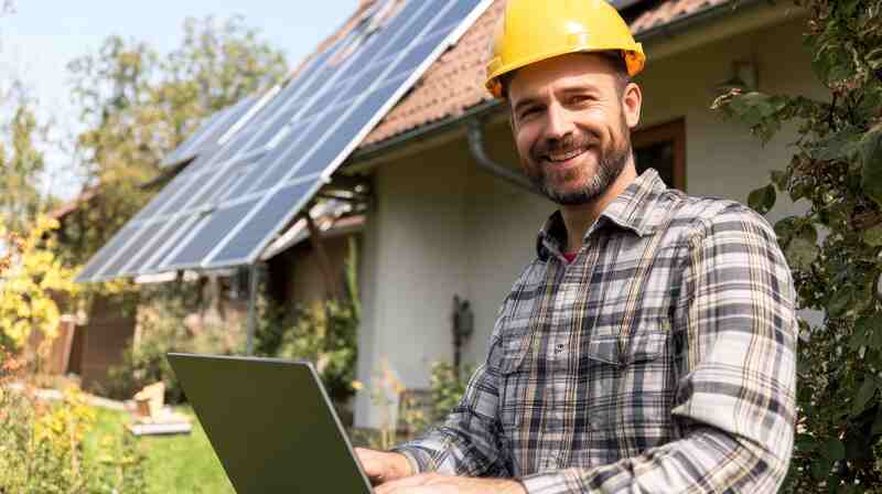 A smiling construction worker wearing a yellow hardhat and plaid shirt uses a laptop