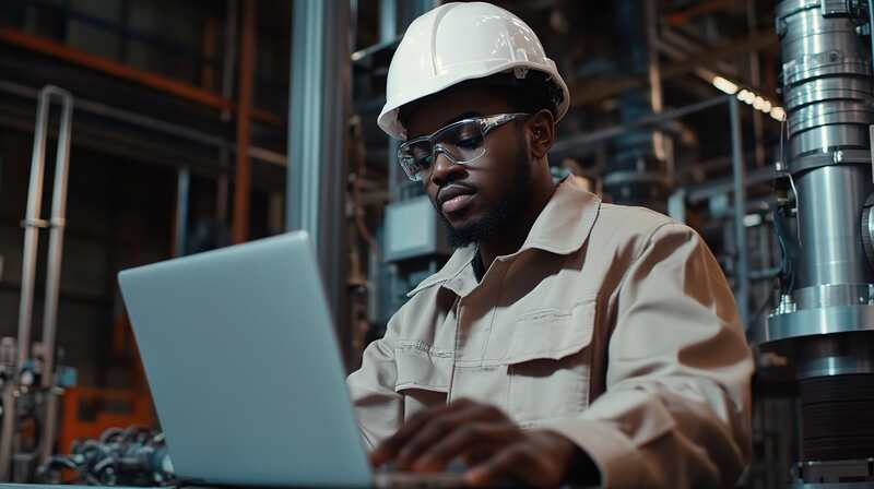 Electrical Worker Using Laptop in Industrial Environment