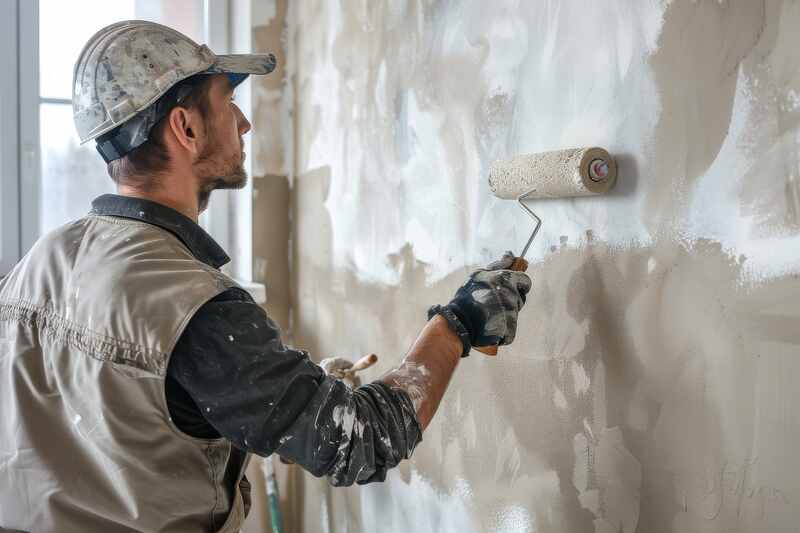Worker paints an inner wall in an apartment with a roller