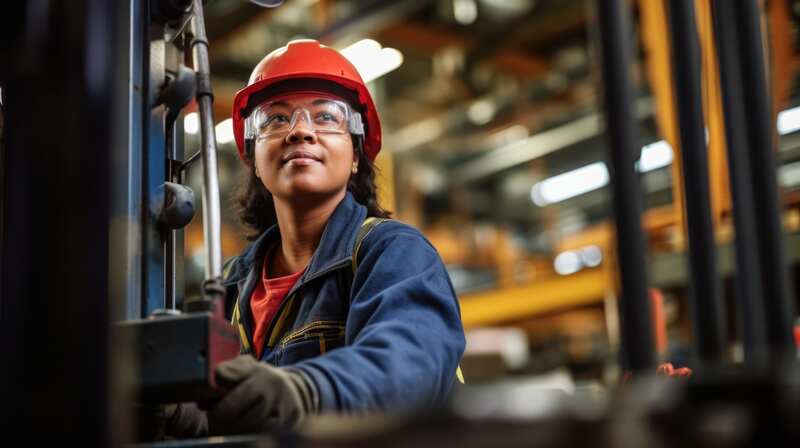 female contractor working on factory machinery