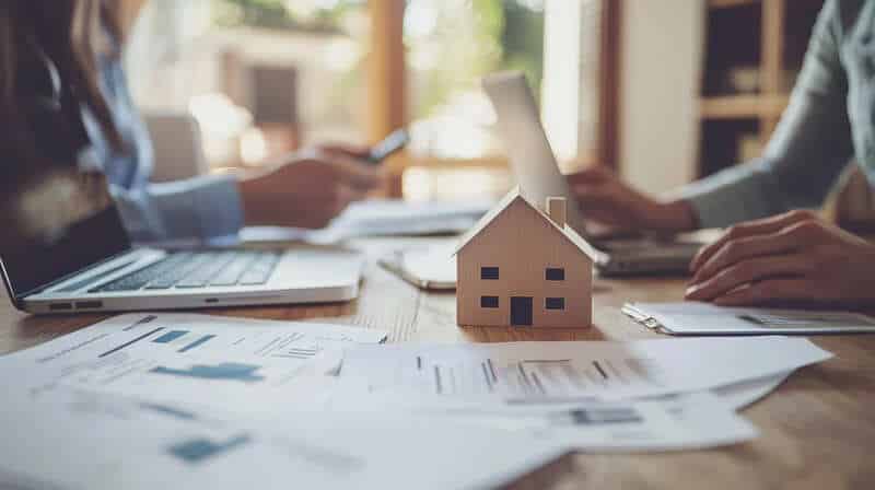 wooden house model on documents, laptops, home remodeling
