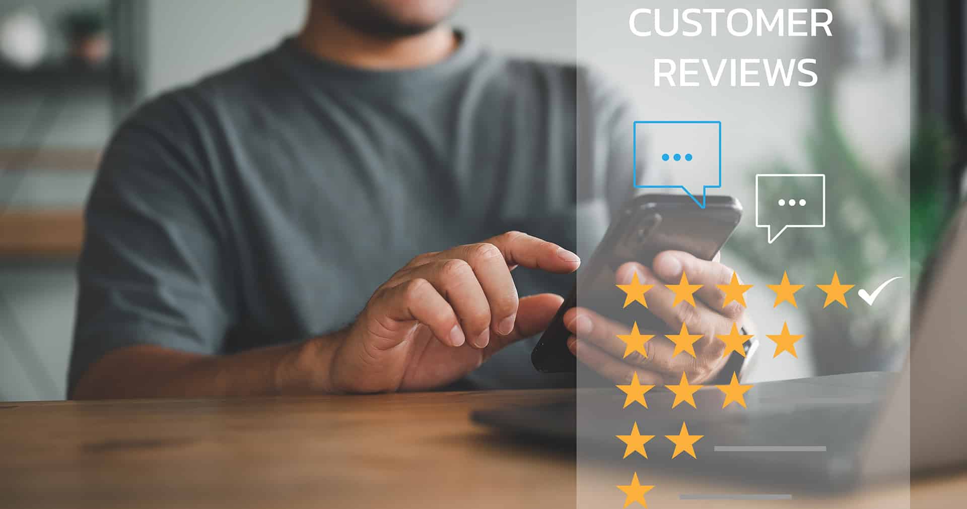 Customer with phone and open laptop, choosing the 5 star icon with customer review concept overlay