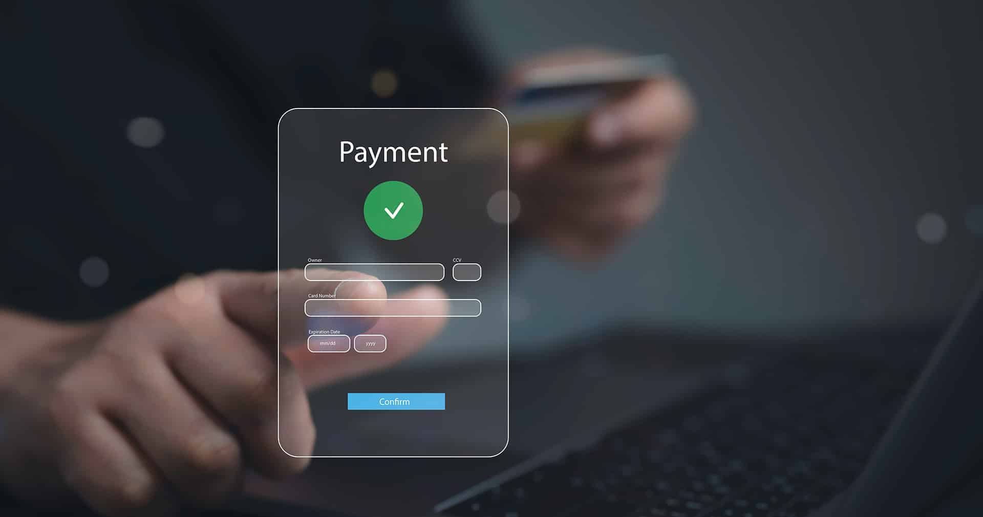Digital online payment concept with hand in background