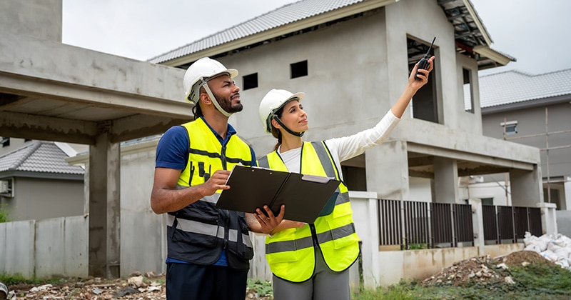 Residential construction project manager consulting with colleague at housing development site