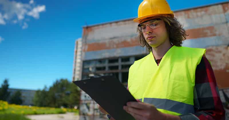 Contractor in hard hat takes notes at construction site
