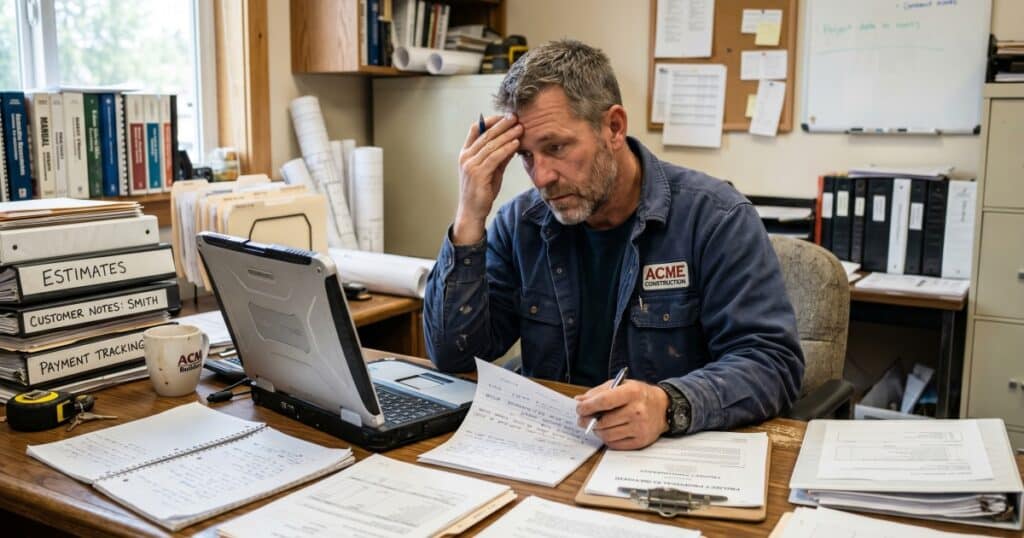 man struggling with estimates, proposals, and quotes.