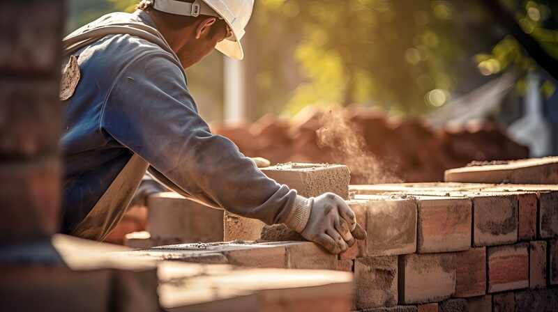 A bricklayer worker installing brick masonry