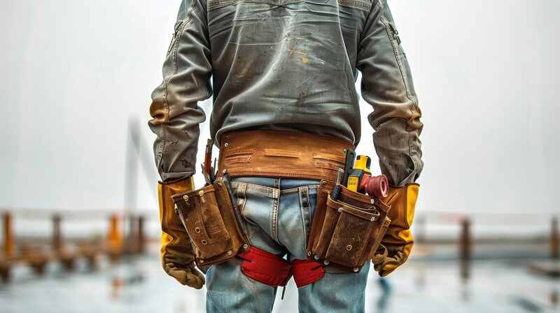 A construction worker from the waist down wearing a hard hat and carrying tools
