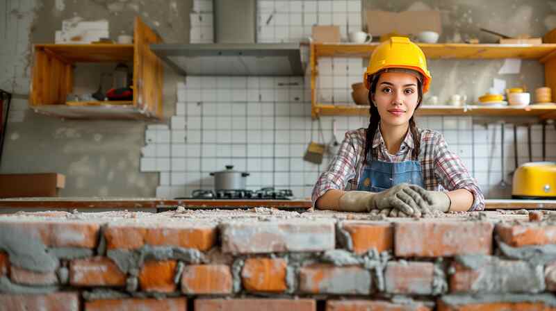 A female construction worker with her safety measures in the middle of a kitchen under renovation
