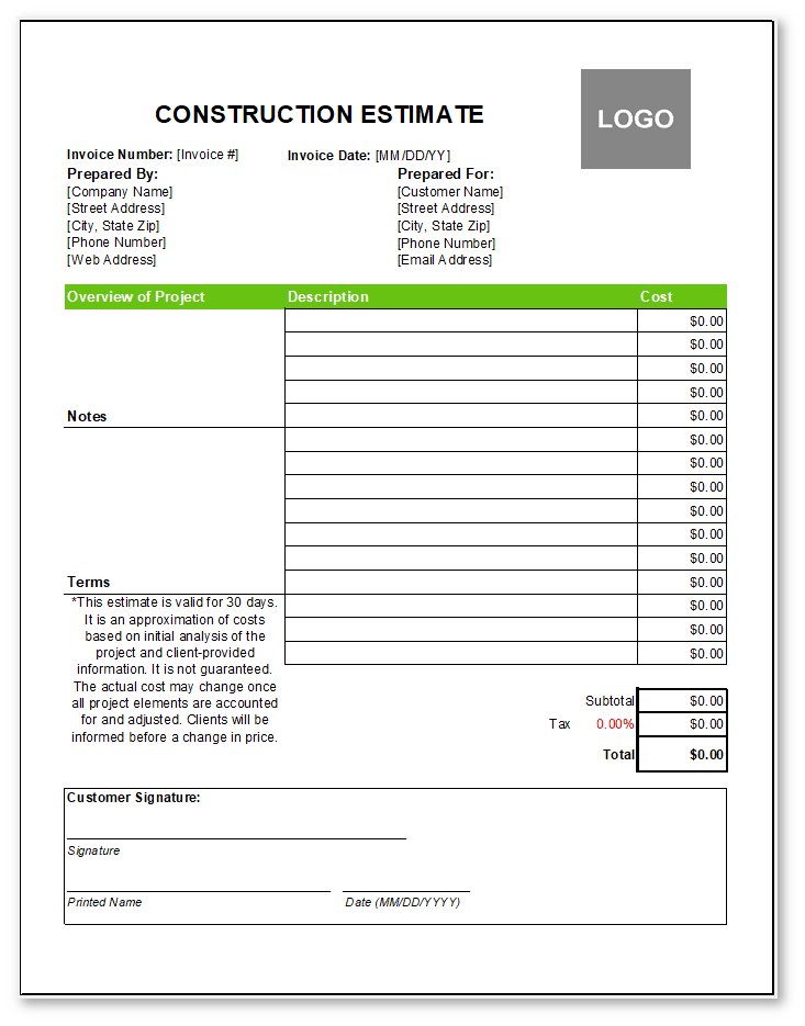construction contractor estimate template from excel
