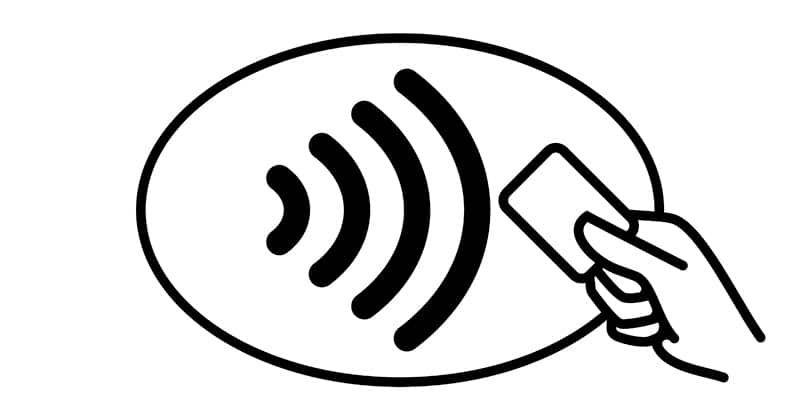 Contactless payment icon with credit card in hand and wireless NFC pay wave