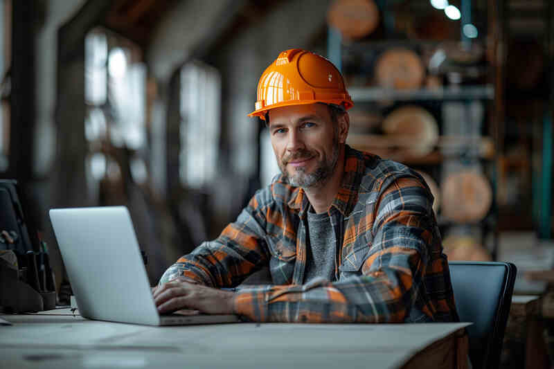 Engineer man working on laptop, he is sitting at a desk and using an orange helmet in the office