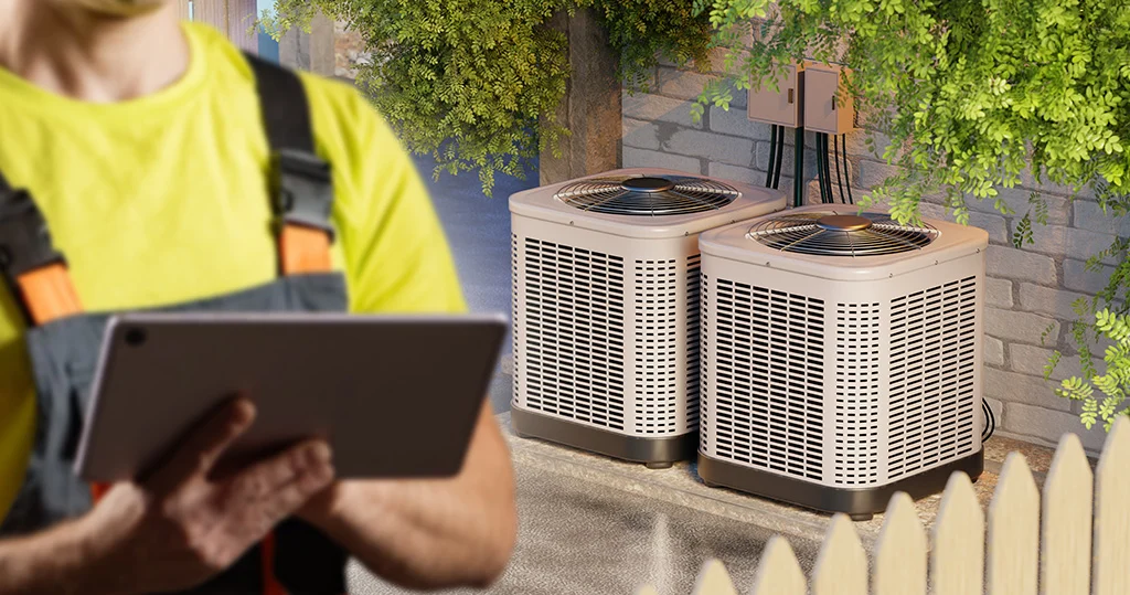 HVAC tech uses tablet while inspecting outdoor cooling systems