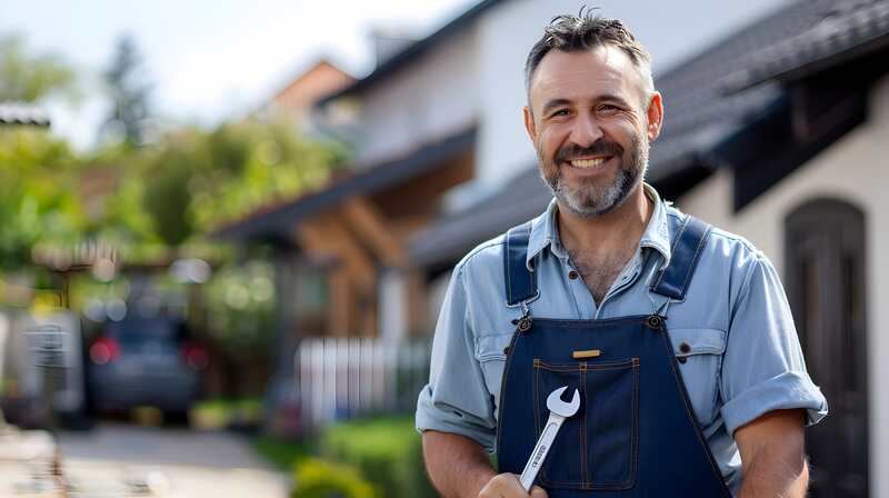 Handyman in overalls holding wrench