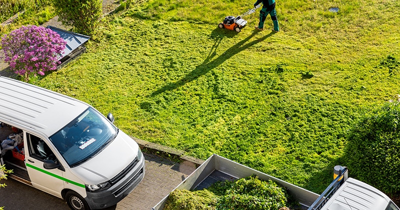 Lawn care team with truck and van mows large lawn