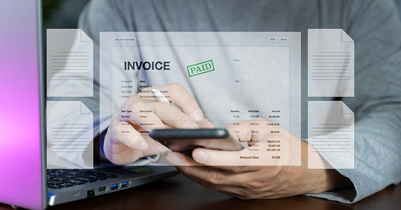 Paying invoice digitally on smartphone concept