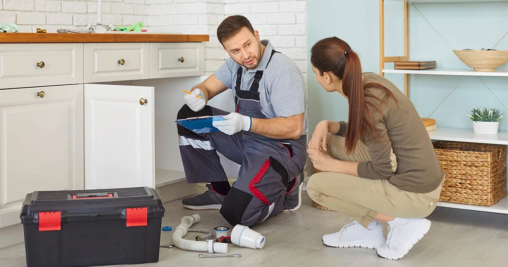Plumber and client prepare estimate during maintenance service of sink or pipes in home kitchen